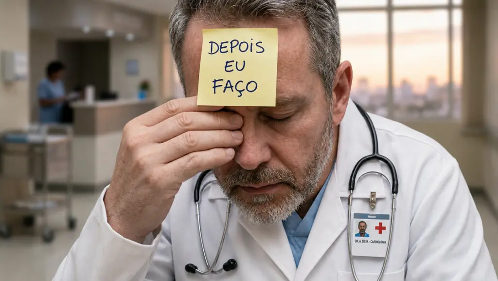 Médico com expressão de cansaço e um lembrete na testa, ilustrando como começar a estudar para concurso público em medicina sem o suporte da Medconcursos.