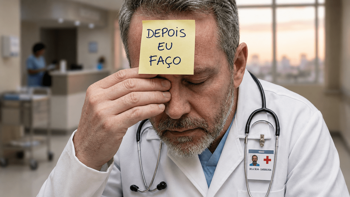 Médico com expressão de cansaço e um lembrete na testa, ilustrando como começar a estudar para concurso público em medicina sem o suporte da Medconcursos.