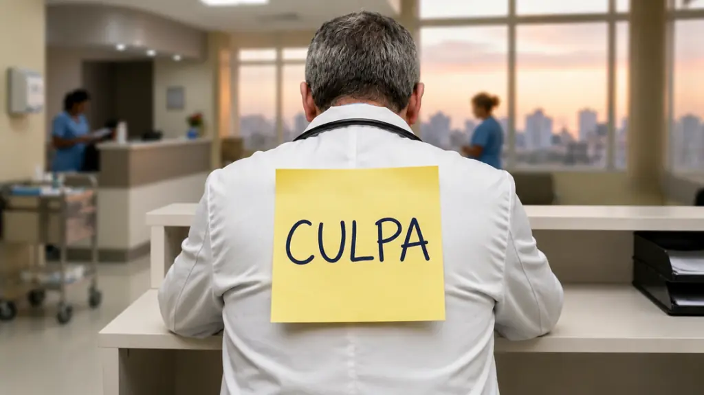 Médico sentado de costas com um post-it escrito "CULPA", representando como começar a estudar para concurso público em medicina sem o suporte da Medconcursos.