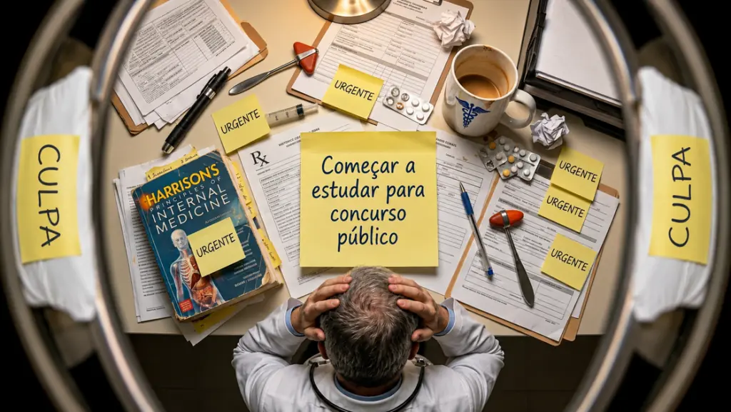 Vista superior de médico diante de mesa com livros, documentos e lembretes, ilustrando como começar a estudar para concurso público em medicina sem o suporte da Medconcursos