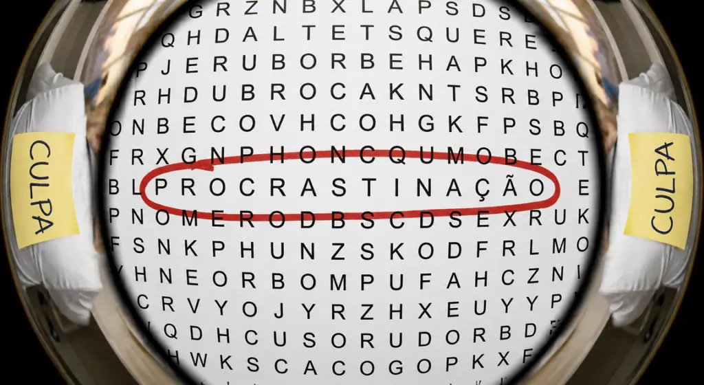 Palavra "procrastinação" destacada em caça-palavras, ilustrando como começar a estudar para concurso público em medicina sem o suporte da Medconcursos.