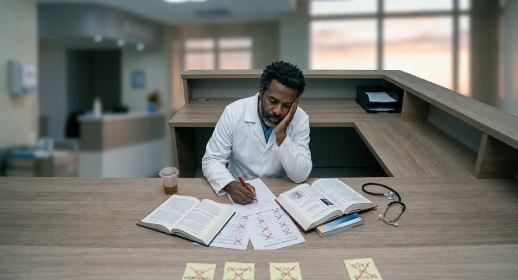 Um médico negro, em um posto de enfermagem vazio, exausto está, com a cabeça na mão. Ele estudou à noite, cercado por livros, anotações de questões de múltipla escolha e sua xícara de café. Na parte inferior, o texto diz: 'COMO COMEÇAR A ESTUDAR PARA CONCURSO PÚBLICO EM MEDICINA ' A imagem evoca a luta entre as obrigações profissionais e a ambição de estudar.