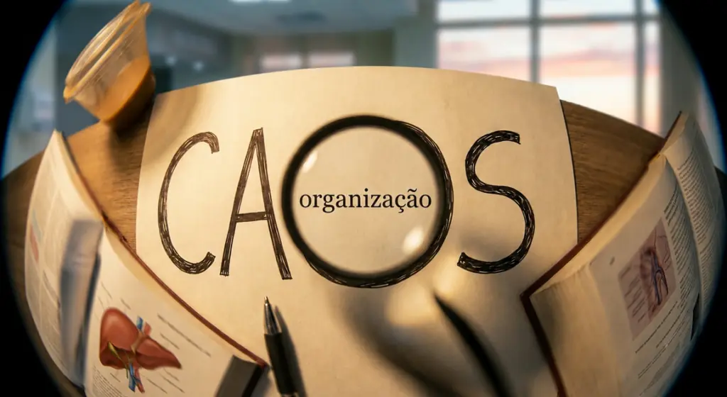 Na imagem, a palavra organização aparece dentro da palavra caos. Simbolizando que para começar a estudar para concursos público em medicina é importante alinhar os dois.