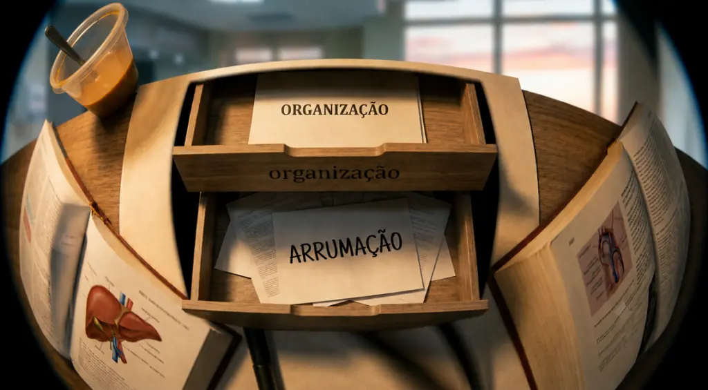 Uma mesa com duas gavetas separadas. Na primeira delas, lê-se a palavra organização e, na segunda, a palavra arrumação. Ambos os conceitos são diferentes e exercem uma função positiva na otimização dos estudos para concurso público em medicina.