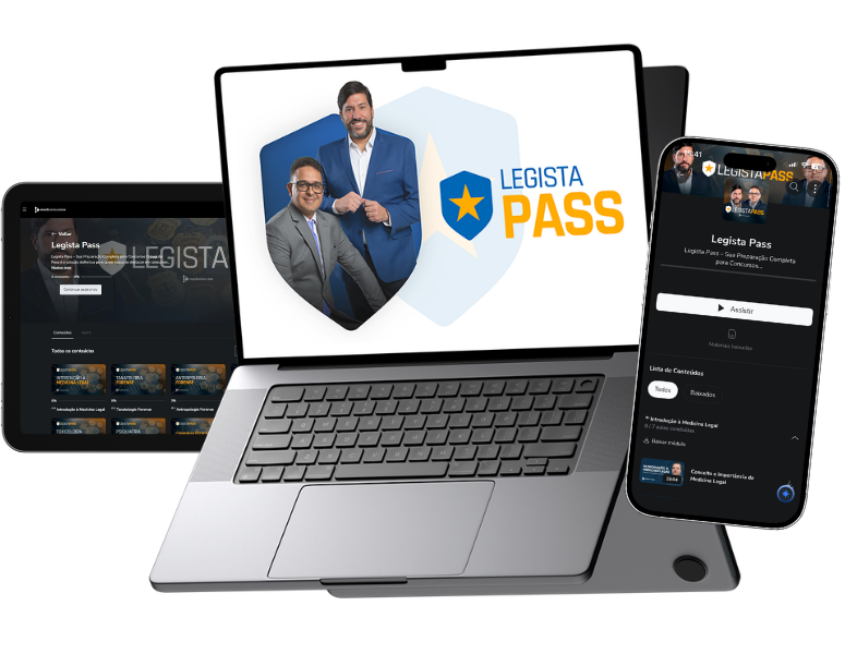 Mockup da plataforma do Curso Legista Pass exibindo aulas e materiais de estudo para médicos que se preparam para concursos de Médico Legista.