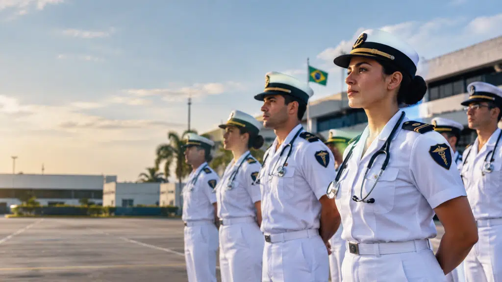 Médicos do Corpo de Saúde da Marinha perfilados em uniforme branco, ilustrando como ingressar na Marinha sendo médico