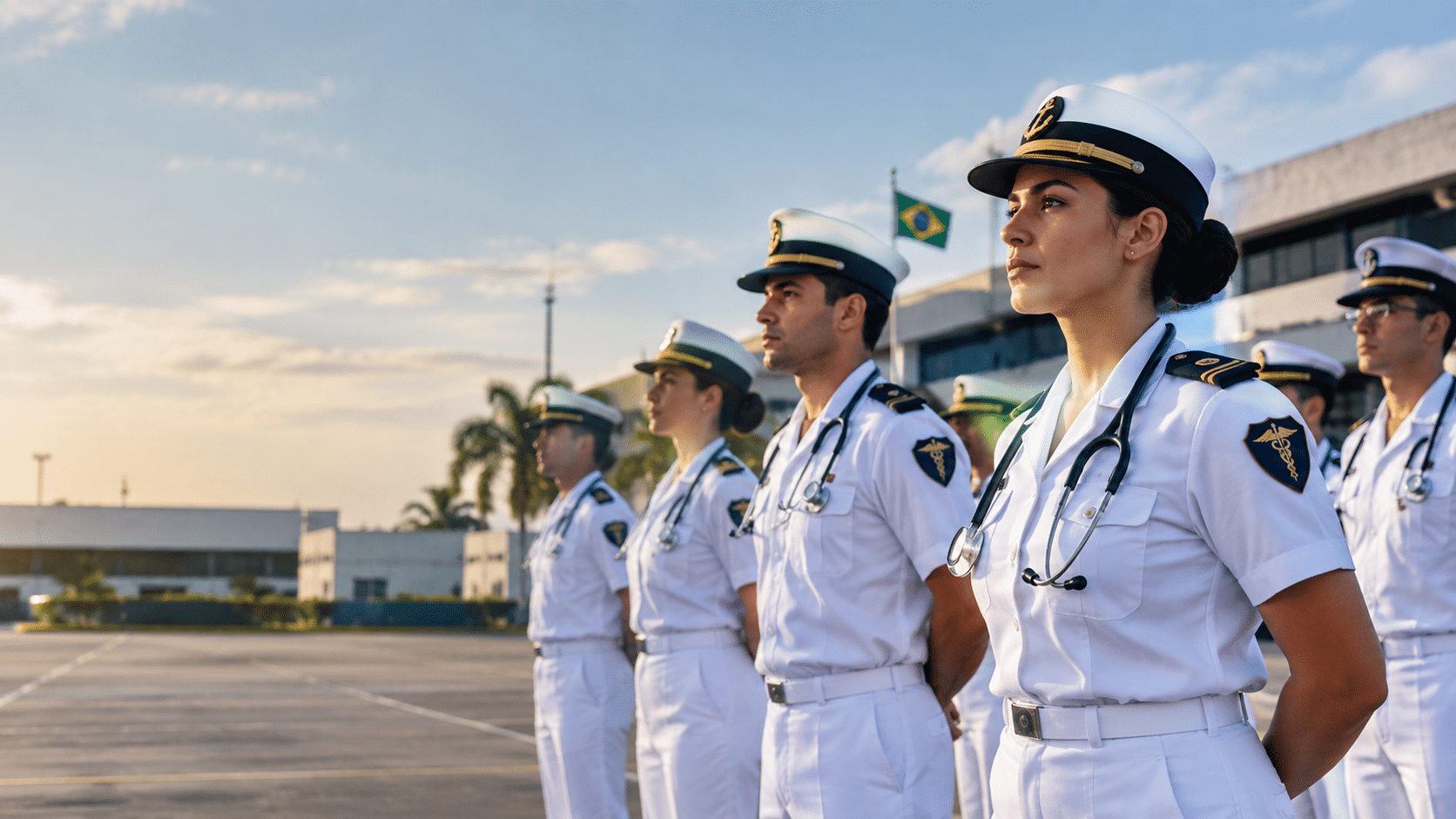 Médicos do Corpo de Saúde da Marinha perfilados em uniforme branco, ilustrando como ingressar na Marinha sendo médico