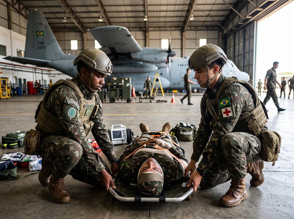 Dois oficiais médicos militares prestando primeiros socorros a um militar em maca, dentro de um hangar da Força Aérea Brasileira, com aeronave ao fundo