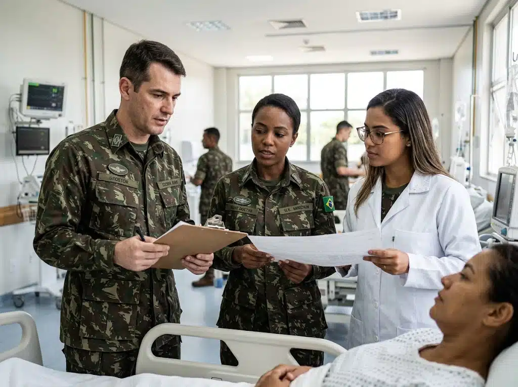 Oficiais médicos militares do Exército analisando o prontuário de uma paciente internada em enfermaria de hospital militar