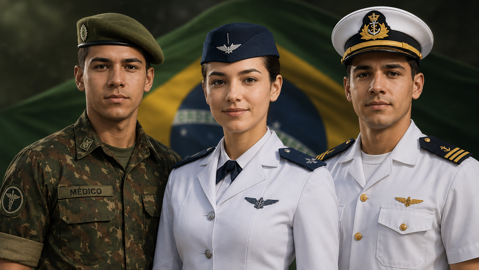 Oficial médico militar do Exército, da Aeronáutica e da Marinha lado a lado com a bandeira do Brasil ao fundo, representando as três Forças Armadas