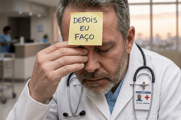Médico com expressão de cansaço e um lembrete na testa, ilustrando como começar a estudar para concurso público em medicina sem o suporte da Medconcursos.