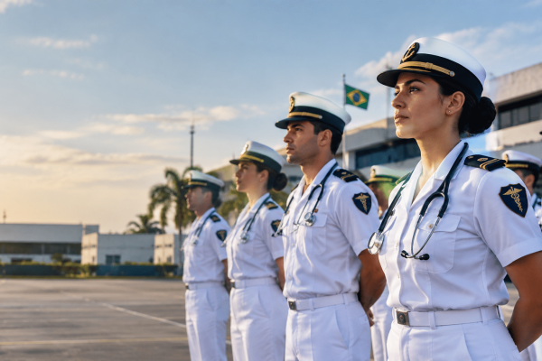 Médicos do Corpo de Saúde da Marinha perfilados em uniforme branco, ilustrando como ingressar na Marinha sendo médico