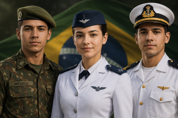 Oficial médico militar do Exército, da Aeronáutica e da Marinha lado a lado com a bandeira do Brasil ao fundo, representando as três Forças Armadas